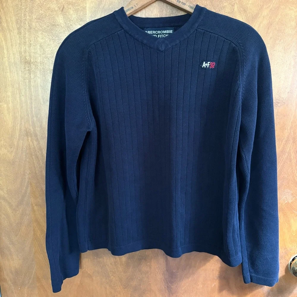 VINTAGE Men's Abercrombie & Fitch Navy Blue Cable Knit Sweater Y2K Preppy Logo